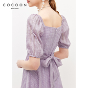 missCOCOON法式连衣裙夏款方领泡泡袖蝴蝶结腰带微光紫裙子