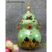 z2俄罗斯锡金属牙签筒罐桶盒葫芦，形金边亮绿色，城堡教堂镶绿钻优雅