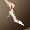 高跟鞋女细跟2024年真皮，法式设计感小众气质白色浅口尖头单鞋