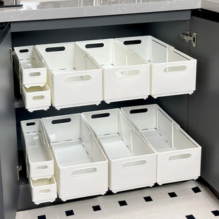 橱柜收纳盒抽屉式可伸缩桌面，零食杂物厨房整理盒深柜直角储物盒子