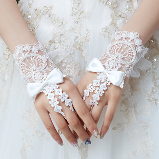 新娘婚纱手套白色蕾丝蝴蝶结婚手套婚庆婚礼手套短款大码绑带手套