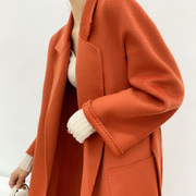 超显白橘色双面羊绒大衣女秋冬中长款宽松羊毛水波纹毛呢外套
