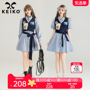 keiko美式学院假两件衬衫连衣裙，夏季设计感系带，显瘦条纹a字裙子
