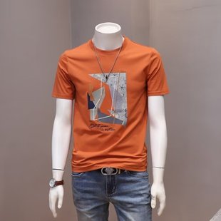 男士修身韩版潮流短袖t恤青年创意印花圆领半袖上衣丝光棉凉感T恤