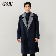 gobi戈壁2022秋冬羊绒灰色，西装领拼接深蓝色，男士长大衣