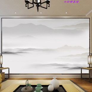 2020款电视墙壁纸新中式影视墙布，素雅山水客厅背景，墙纸禅意境壁画