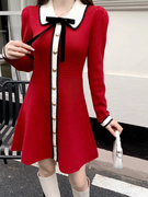 红色针织连衣裙秋冬款女超，好看蝴蝶结气质内搭显瘦小个子毛衣裙子