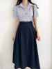 韩国chic夏季复古气质翻领假两件拼接短袖条纹衬衫式连衣裙配腰带