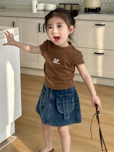 童装女童时髦短袖2023夏季小女孩短款修身上衣中小童宝宝正肩t恤