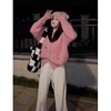 白鹿同款粉色樱桃针织开衫2021冬单排扣韩版直筒慵懒风毛衣外套女