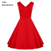 欧美夏季复古无袖V领大码女装小红裙收腰显瘦赫本风小黑裙连衣裙