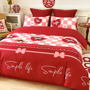 中式纯棉婚庆四件套大红色床单被套新婚喜被全棉结婚床上用品陪嫁