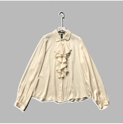 欧美复古宫廷风米白色纯色全真丝前胸荷叶边长袖大码宽松女士衬衫