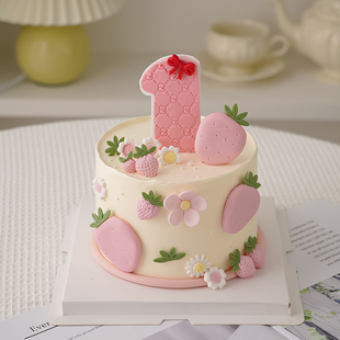 儿童烘焙蛋糕装饰翻糖草莓，花朵摆件1周岁宝宝，生日派对甜品台装扮