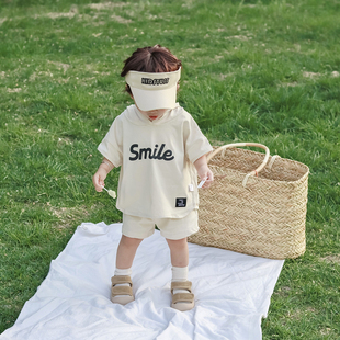 夏季韩版婴儿衣服男童纯棉短袖，宝宝可爱卫衣，两件套装薄款分体夏装