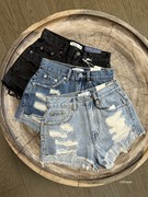 150 3色可选 做旧破洞牛仔短裤女夏季热裤高腰显瘦超短牛仔裤