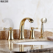 土豪金欧式全铜四件套面盆龙头四孔浴室柜分体组合仿古拉丝水龙头