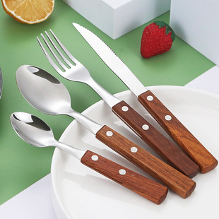 木柄304不锈钢餐具西餐牛排叉勺 复古花梨木柄勺子叉子套装