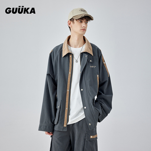 GUUKA潮牌复古做旧夹克男秋季 美式街头后背开衩工装外套宽松