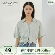 国货MECITY女装夏季纯色简约半开方领系带收腰短袖衬衫