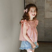 夏季女童蕾丝花边短袖衬衫韩国版儿童装短裤甜美上衣镂空飞袖T恤