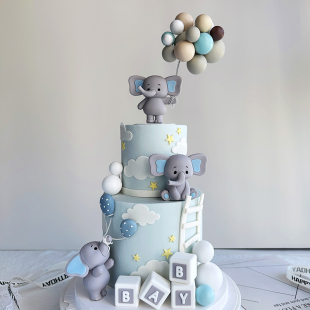 儿童生日蛋糕装饰气球小象宝宝玩偶摆件卡通大象周岁满月BABY插牌