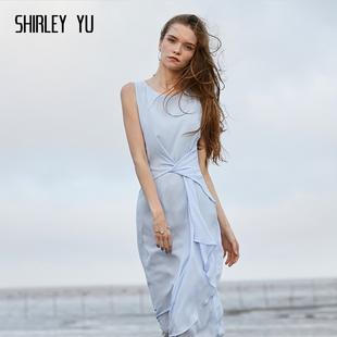 SHIRLEY YU2024夏原创设计出游蓝色不规则下摆连衣裙修身礼服