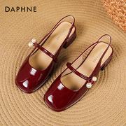 达芙妮包头凉鞋女2024年夏季女鞋，复古红色单鞋法式玛丽珍女鞋