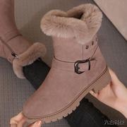 兔毛磨砂雪地靴女潮，2023年冬季厚底，防雪防滑粗跟加绒中筒棉靴