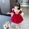 女童连衣裙夏装薄2023韩版儿童装洋气短袖，红色娃娃领公主裙
