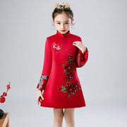 儿童旗袍公主裙唐装中国风，女童拜年服冬装加厚保暖加绒红色新年服