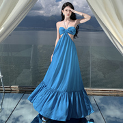 三亚海滩度假连衣裙2024湖，蓝色抹胸仙女性感，夏吊带(夏吊带)沙滩长裙