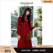 Goodland美地女装冬季娃娃领大红色绵羊毛混纺针织连衣裙高级感