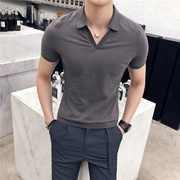 2024夏季英伦纯色V领短袖POLO衫韩版男士T恤A431M608P48