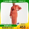 香港直邮潮奢 ASOS 女士设计缎面蝙蝠袖裹式束腰铁锈色长款连衣裙