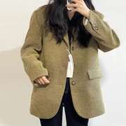 黄色西装斜纹加厚短款毛呢外套，女秋冬韩版宽松小个子，羊毛呢子大衣