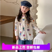 韩版童装2024春女童立领童趣，涂鸦衬衫女宝卡通印花长袖衬衣上衣