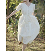 simpleretro高支棉蕾丝拼接连衣裙女白色，法式v领高腰显瘦仙气长裙
