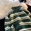 墨绿色条纹毛衣男冬季2023撞色圆领，针织衫美式慵懒风线衣外套