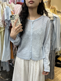 韩版夏季文艺十三行甜美小清新针织长袖薄款镂空设计圆领开衫