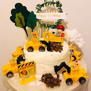 派对生日蛋糕装饰小王子挖掘机挖土铲车树叶工程车周岁蛋糕男孩