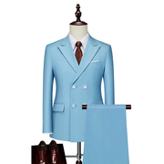 2014春季男士商务西服，套装天蓝色双排扣修身两件套纯色西装