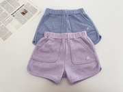 春夏女童儿童法式小樱桃，刺绣紫色蓝色，双色舒适运动裤短裤