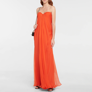 桔色晚礼服抹胸气质，长款2023派对个性，时尚气场女王优雅连衣裙