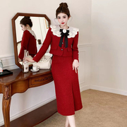 高级感小香风红色套装裙23秋冬款娃娃领短外套开叉半身裙两件套