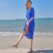 裙子女2023夏天蓝色雪纺连衣裙薄款高腰包(高腰包)臀气质沙滩长裙超仙