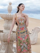 设计师重工沙漠绿洲彩色花朵，刺绣网纱蕾丝拼接连衣裙女