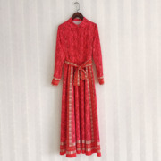 红色中长裙系带收腰2022春夏女装复古翻领字母印花长袖衬衣连衣裙