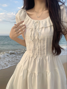 一颗甜桃yikett《少女与海》夏季连衣裙女短袖，a字花边白色短裙子
