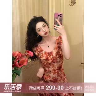 SYT自制 复古约会花朵连衣裙女夏季修身显瘦大圆领荷叶边度假裙子